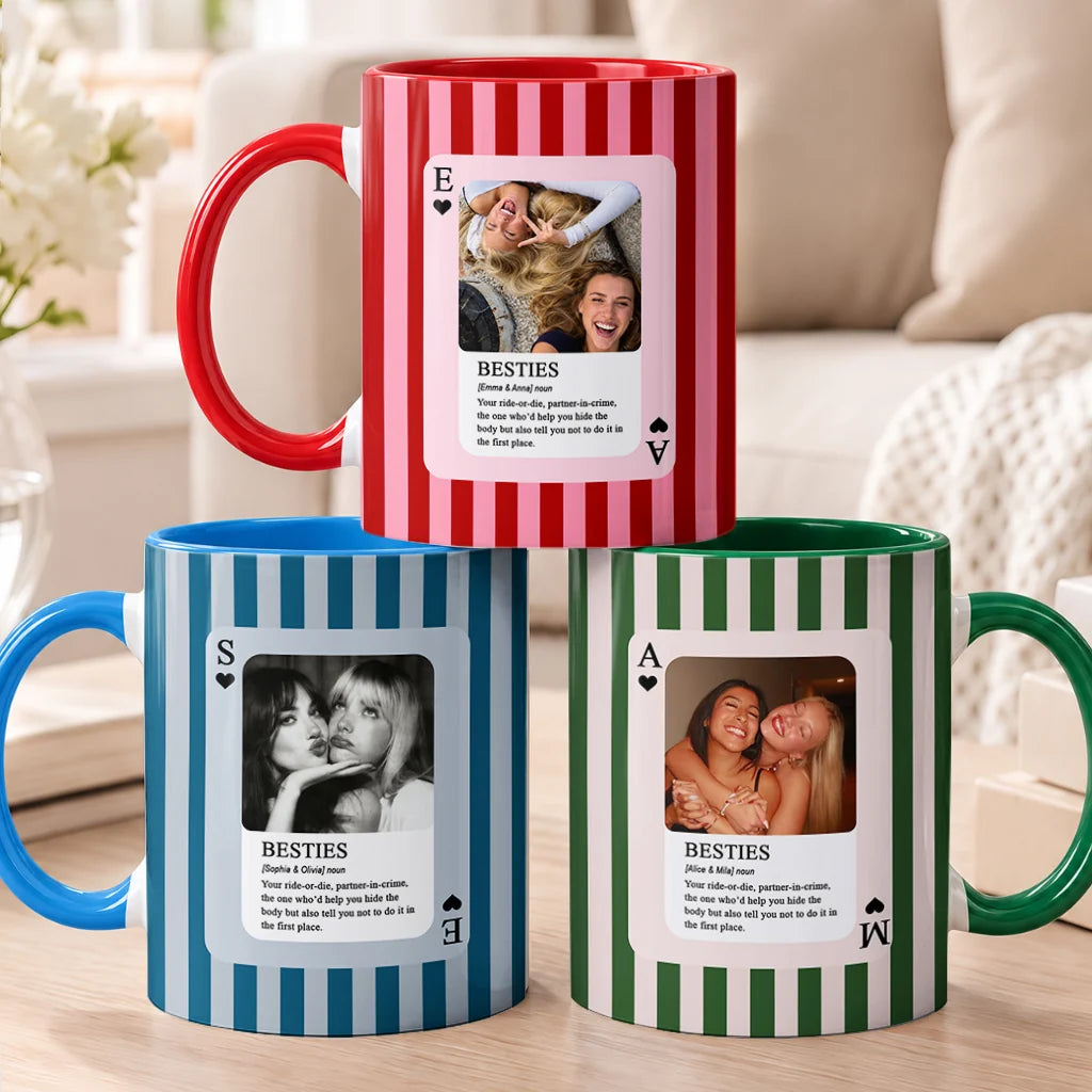 Custom Besties Playing Card Photo Mug - Personalized Friendship Coffee Mug Gift for Best Friend
