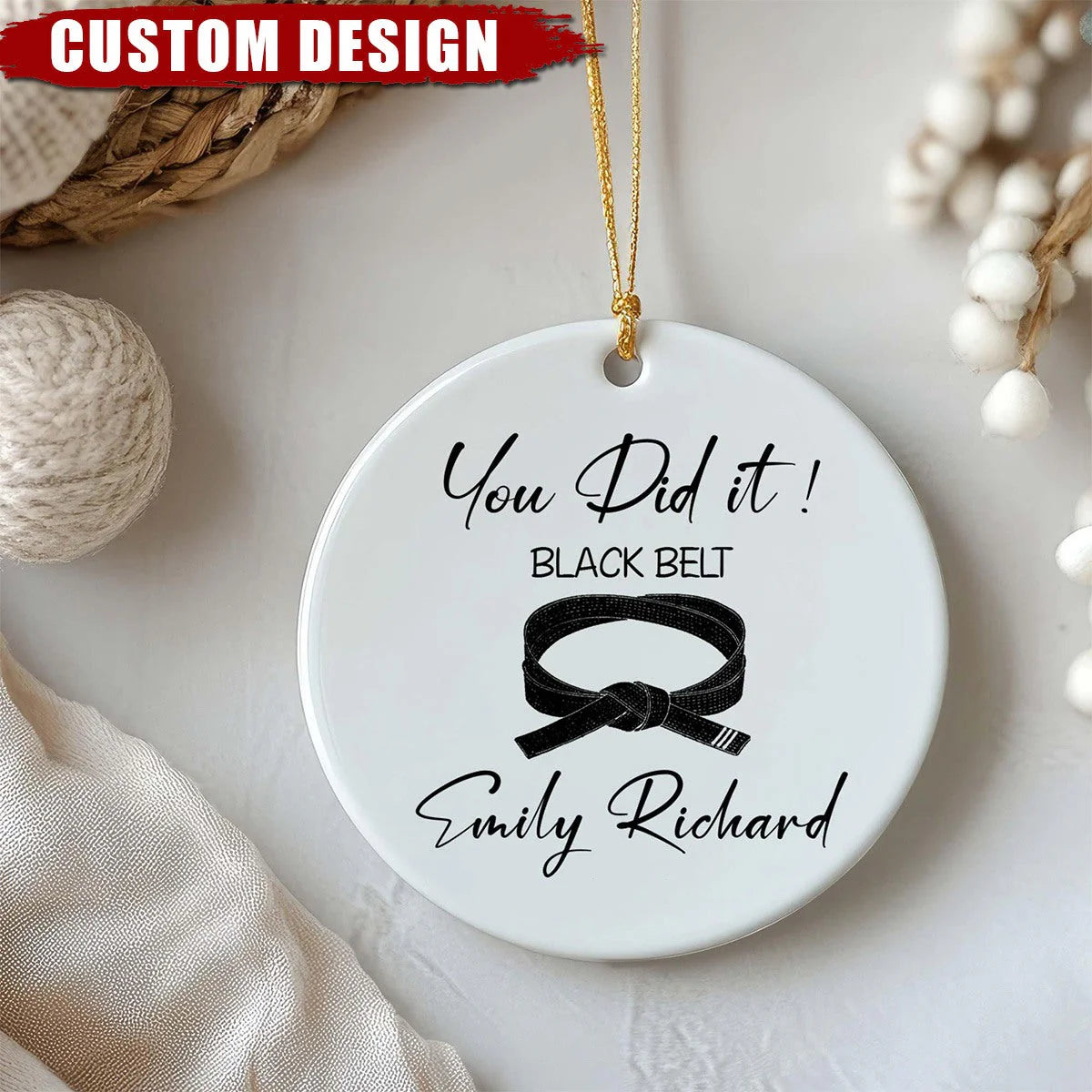 Ceramic Ornament material and size view - Custom Karate Belt Photo Ornament