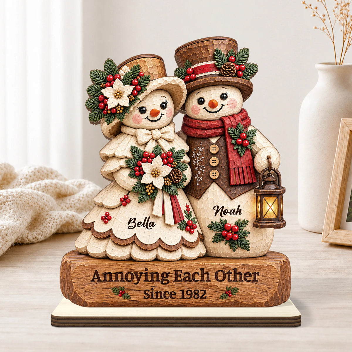 Growing Old Together Personalized Snowman Couple Wooden Plaque - Custom Rustic Christmas Keepsake Gift for Couples