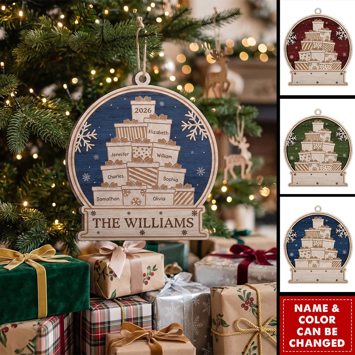 Personalized Family Name Gift Stack Wooden Ornament - Custom Christmas Keepsake for Family