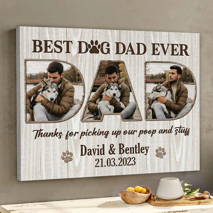 Custom dog dad wall art canvas featuring personalized pet photos and funny quote for Father's Day gift