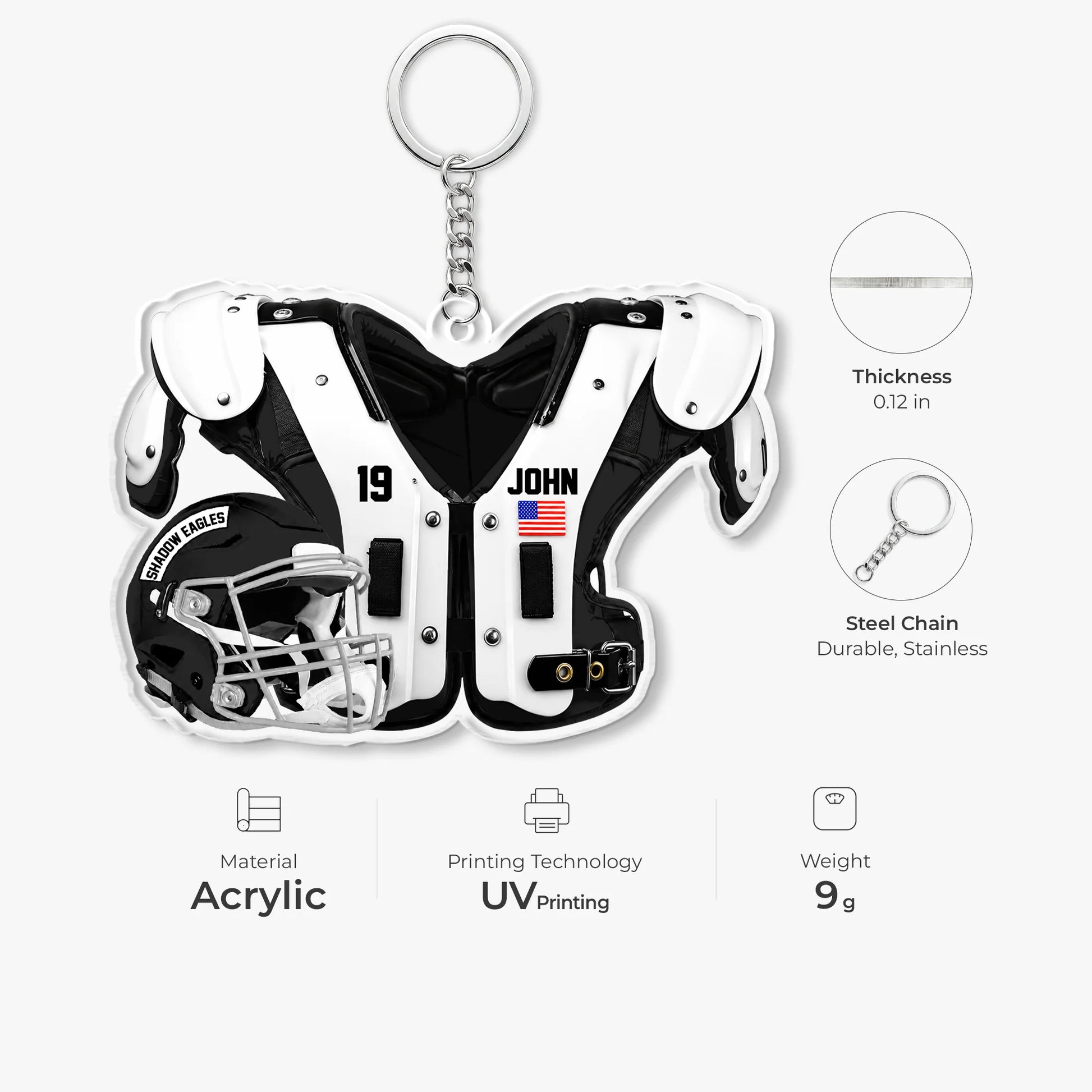 Keychain material and size view - Custom Football Keychain