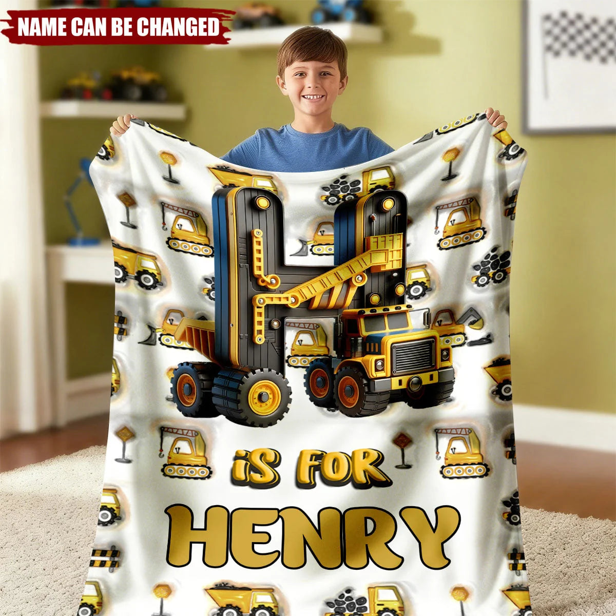 Personalized Construction Vehicle Letter Blanket - Custom Name Throw Gift for Kids