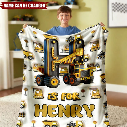 Personalized Construction Vehicle Letter Blanket - Custom Name Throw Gift for Kids