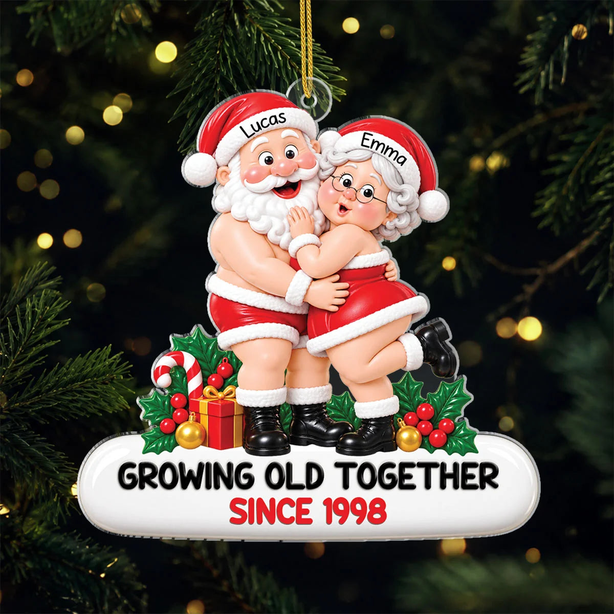 Growing Old Together Hugging Santa Couple - Personalized Acrylic Ornament for Christmas Keepsake