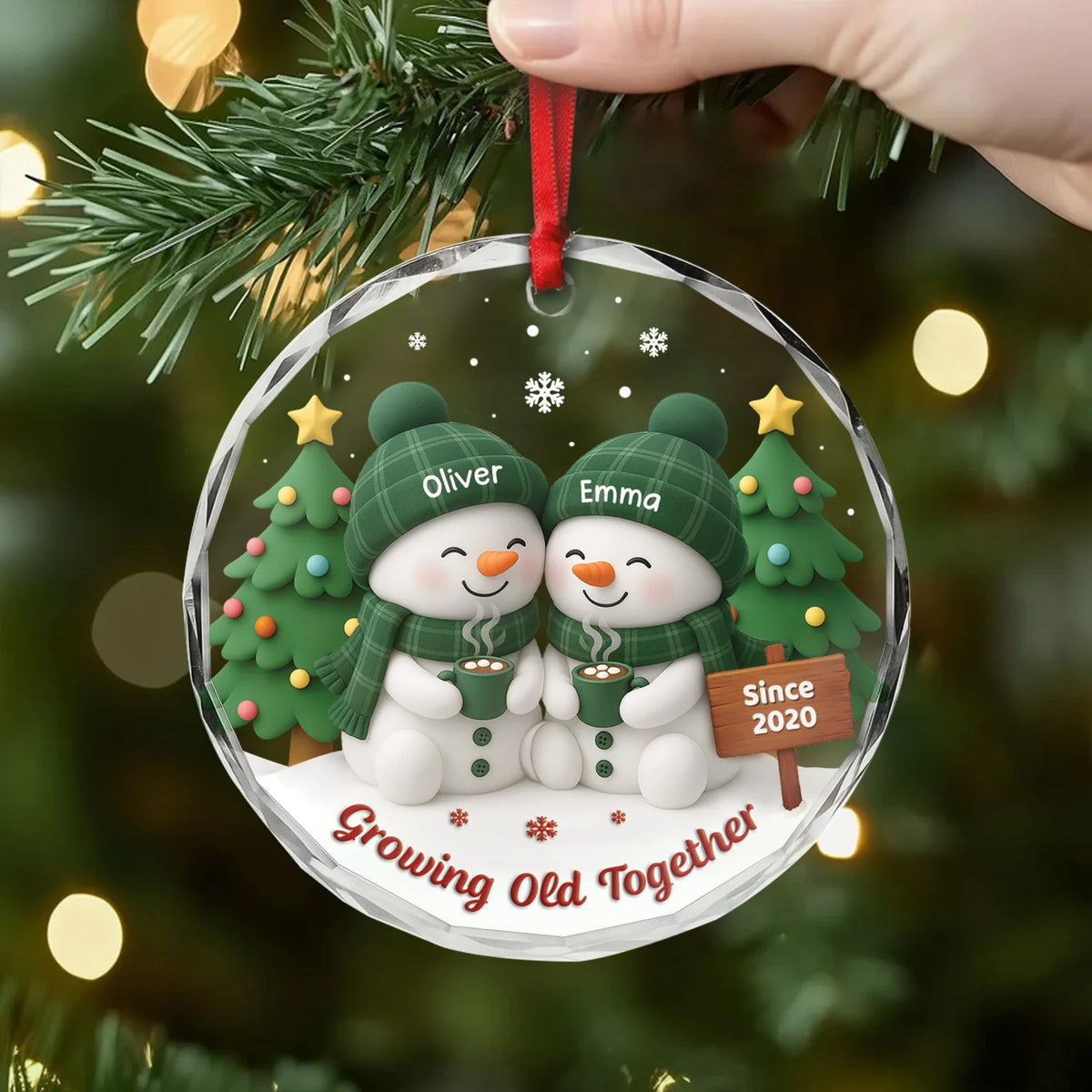 Growing Old Together Personalized Glass Ornament for Couples- Custom Snowman Christmas Keepsake