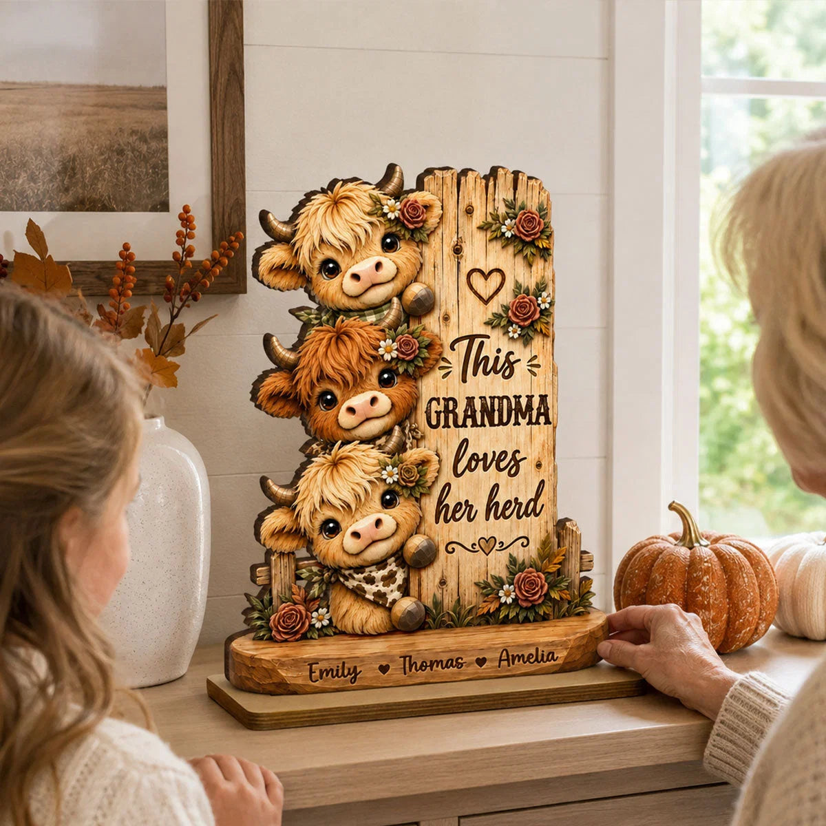 "This Grandma Loves Her Herd" Personalized Wooden Plaque - Custom Highland Cow Name Gift