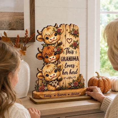 "This Grandma Loves Her Herd" Personalized Wooden Plaque - Custom Highland Cow Name Gift