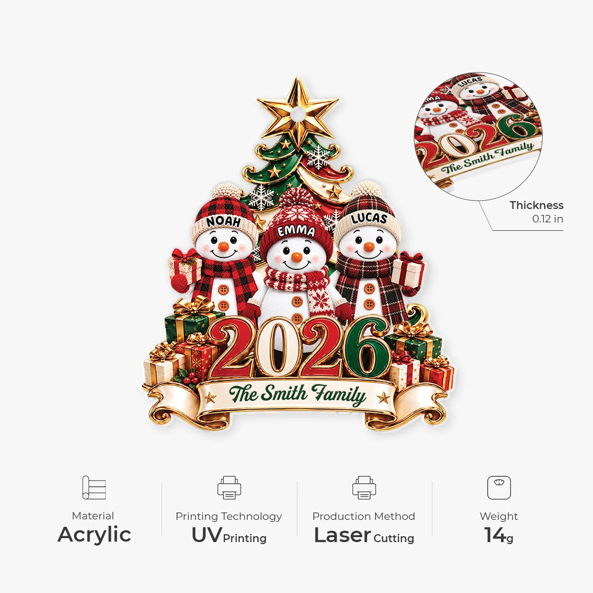 Personalized Snowman Family Acrylic Ornament - Custom 2026 Christmas Keepsake Gift