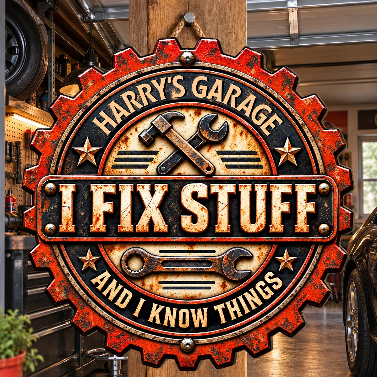 I Fix Stuff And Know Things Personalized Garage Wood Sign - Custom Workshop Wall Decor Gift for Him