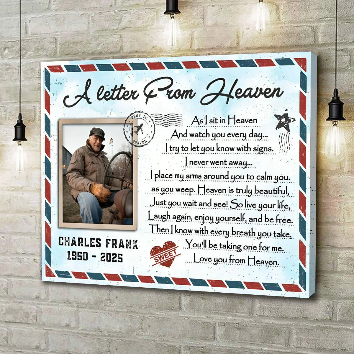 Personalized memorial canvas print featuring A Letter From Heaven poem and custom photo of a loved one