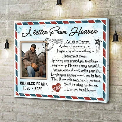Personalized memorial canvas print featuring A Letter From Heaven poem and custom photo of a loved one