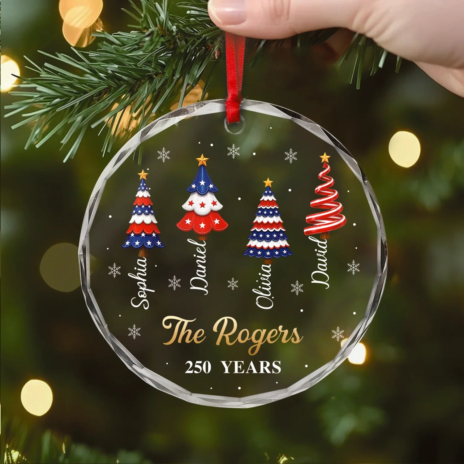 250 Years of America Family Names Christmas Tree Glass Ornament - Custom Patriotic Holiday Keepsake Gift