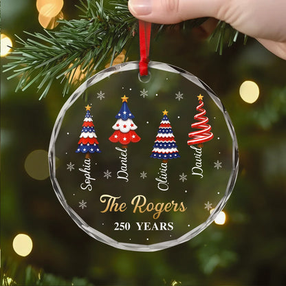 250 Years of America Family Names Christmas Tree Glass Ornament - Custom Patriotic Holiday Keepsake Gift