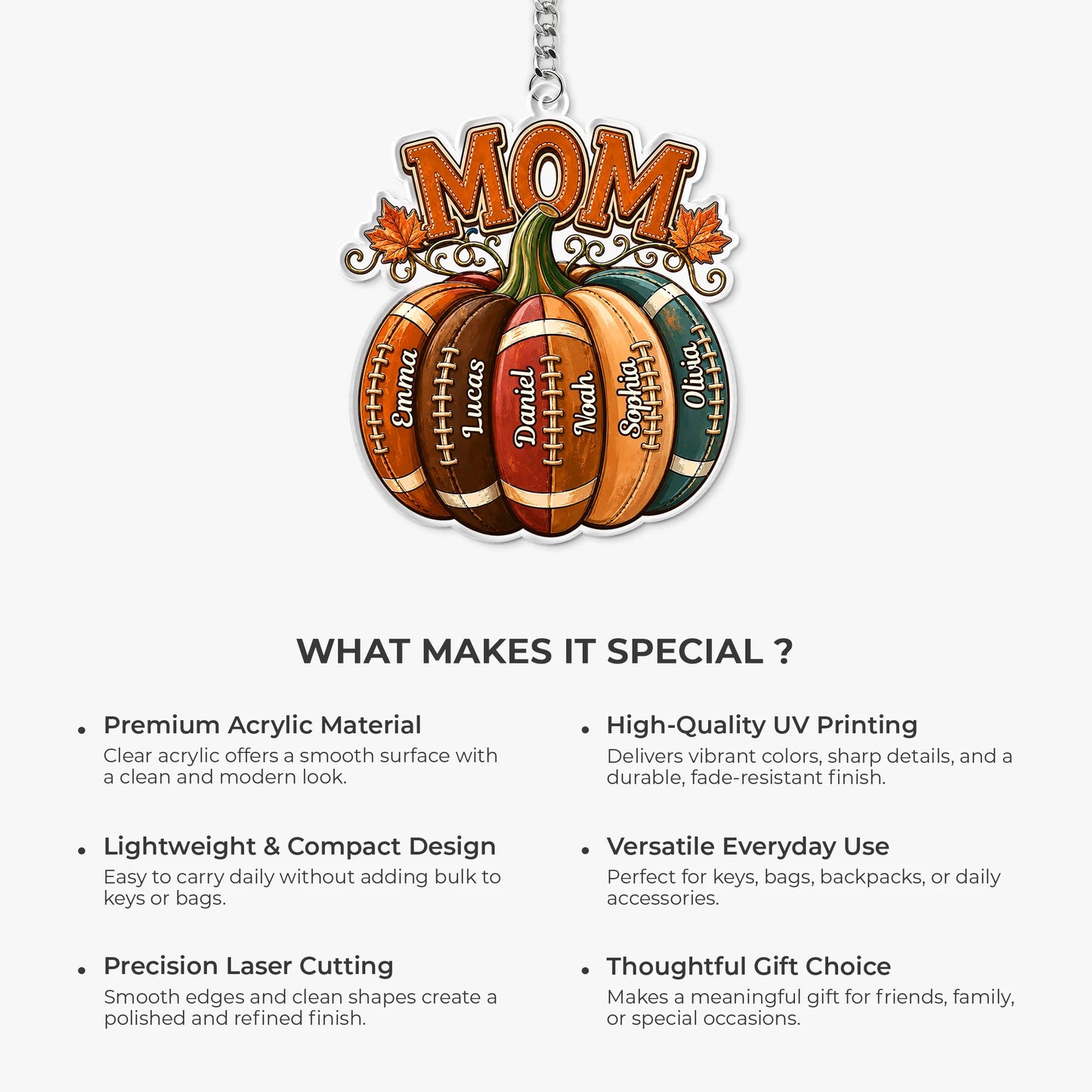 Custom Football Pumpkin Keychain with Kids Names - Personalized Fall Autumn Gift for Mom Dad