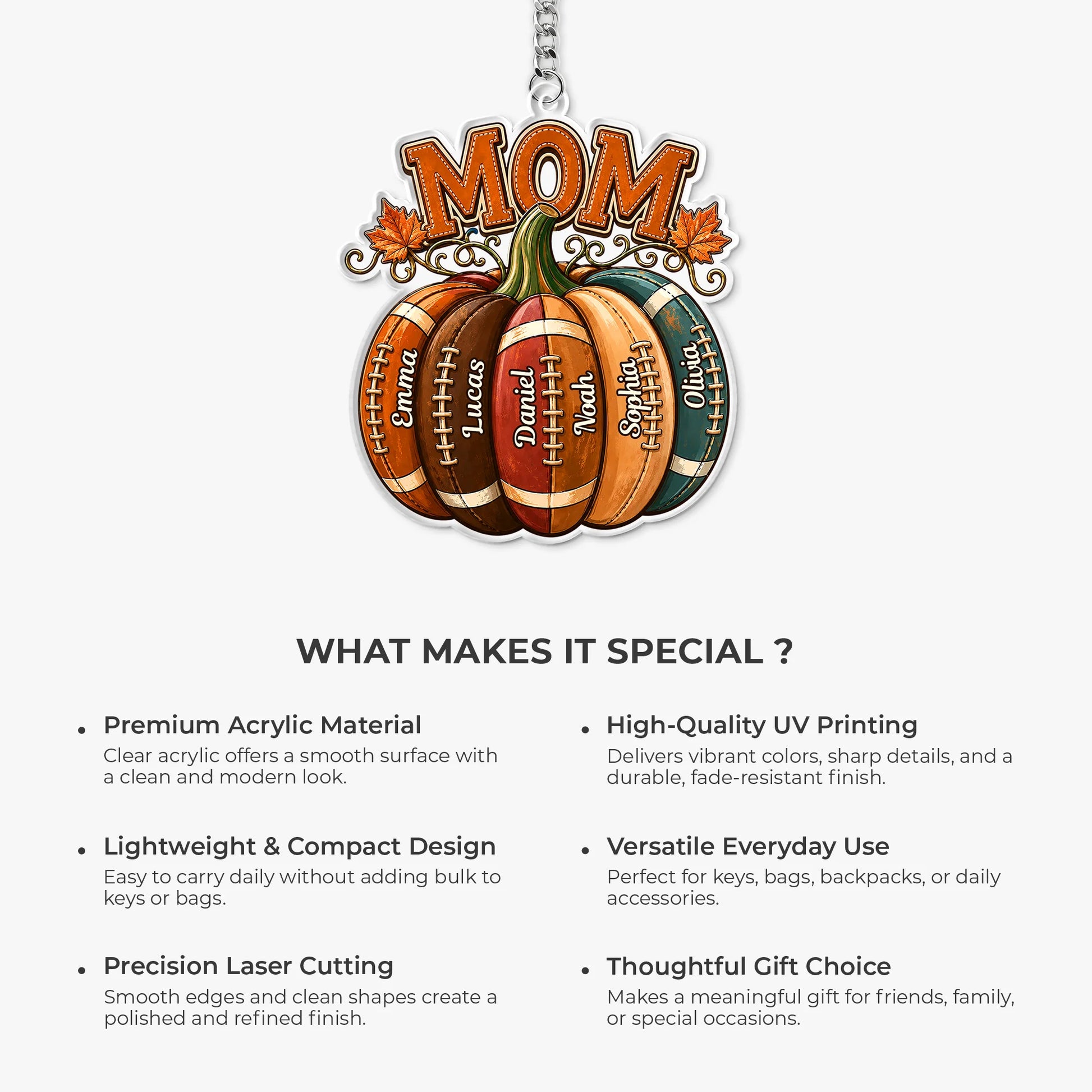 Custom Football Pumpkin Keychain with Kids Names - Personalized Fall Autumn Gift for Mom Dad