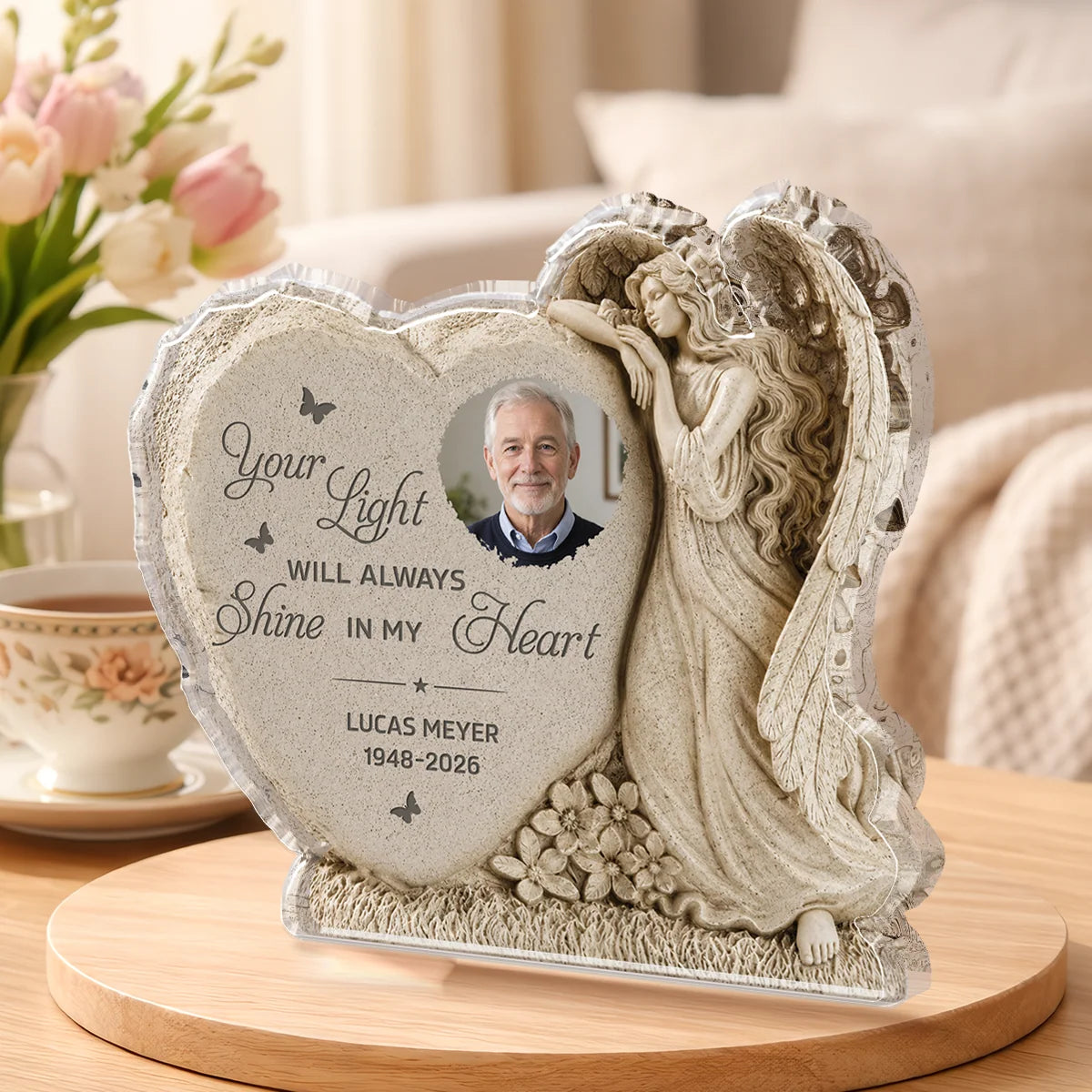 Your Light Will Always Shine In My Heart - Personalized Angel Acrylic Memorial Plaque