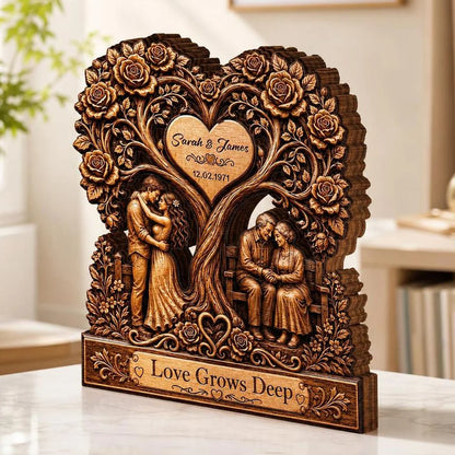 Love Grows Deep Custom Heart Tree Wooden Block - Personalized Anniversary Gift for Couple