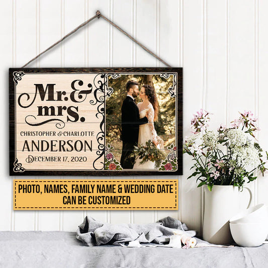 Personalized wedding wood sign with custom couple photo print and Mr & Mrs text for wedding anniversary gift