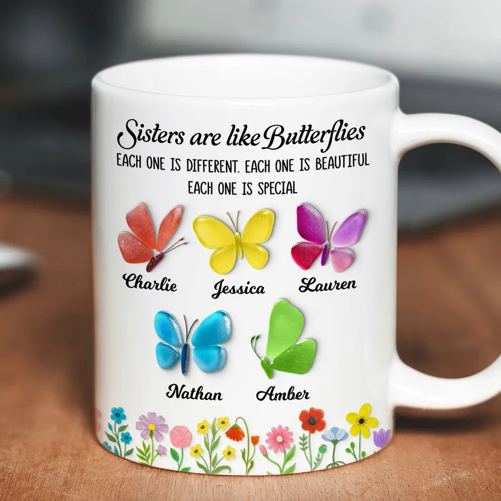 Sisters Are Like Butterflies – Personalized Ceramic Mug for Sister, Custom 3D Sea Glass Gift for Siblings
