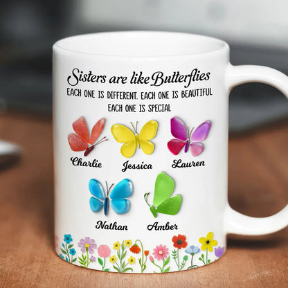 Sisters Are Like Butterflies – Personalized Ceramic Mug for Sister, Custom 3D Sea Glass Gift for Siblings