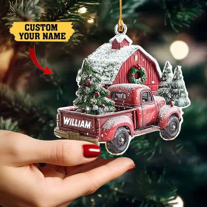 Personalized Vintage Red Truck Christmas Ornament - Custom Name Acrylic Holiday Keepsake Gift