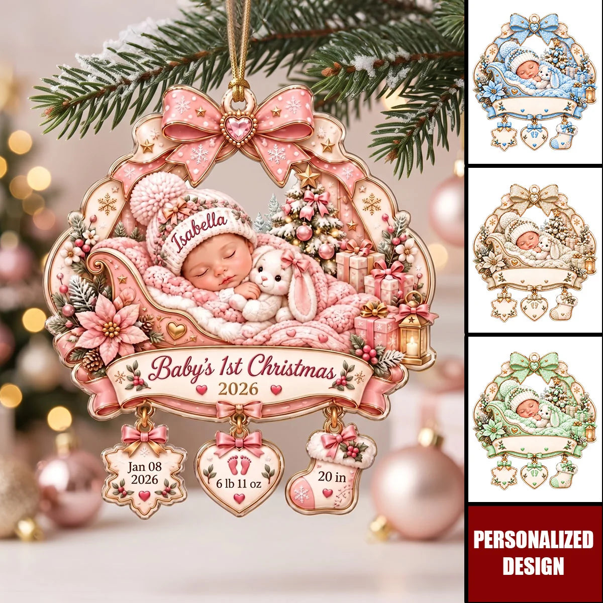 Baby's 1st Christmas Personalized Acrylic Ornament for Newborn - Custom Birth Stats Keepsake for New Mom