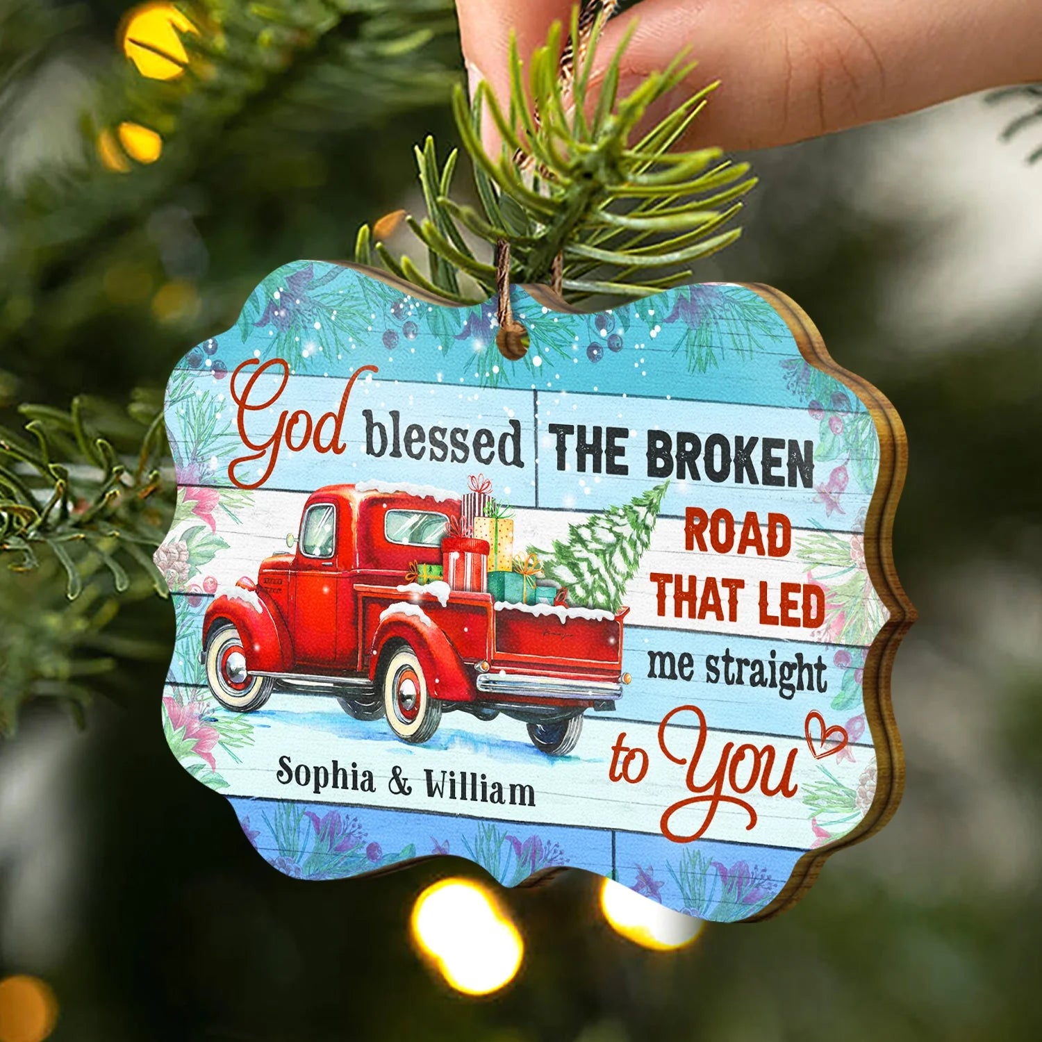 "God Blessed The Broken Road" Personalized Couple Wooden Ornament - Custom Christmas Keepsake Gift for Husband Wife