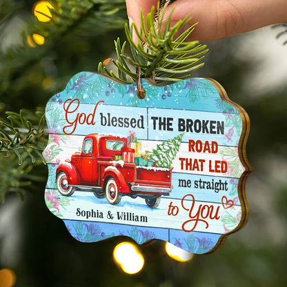 "God Blessed The Broken Road" Personalized Couple Wooden Ornament - Custom Christmas Keepsake Gift for Husband Wife