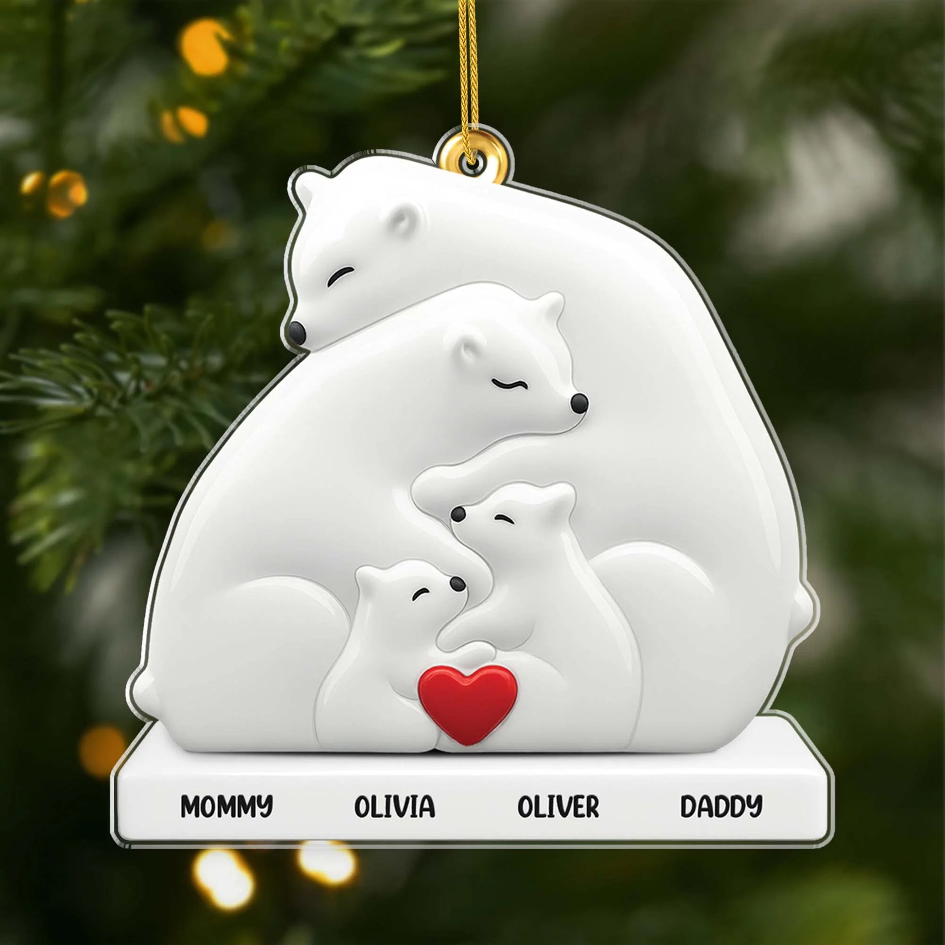 Cuddling Polar Bear Personalized Family Acrylic Ornament - Custom Names Keepsake for Christmas Tree