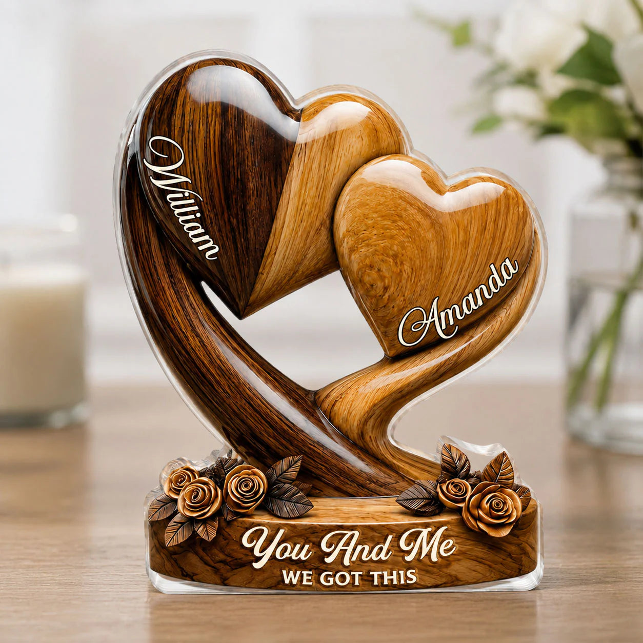Custom couple anniversary plaque shaped like interlocking wood-textured hearts with personalized names