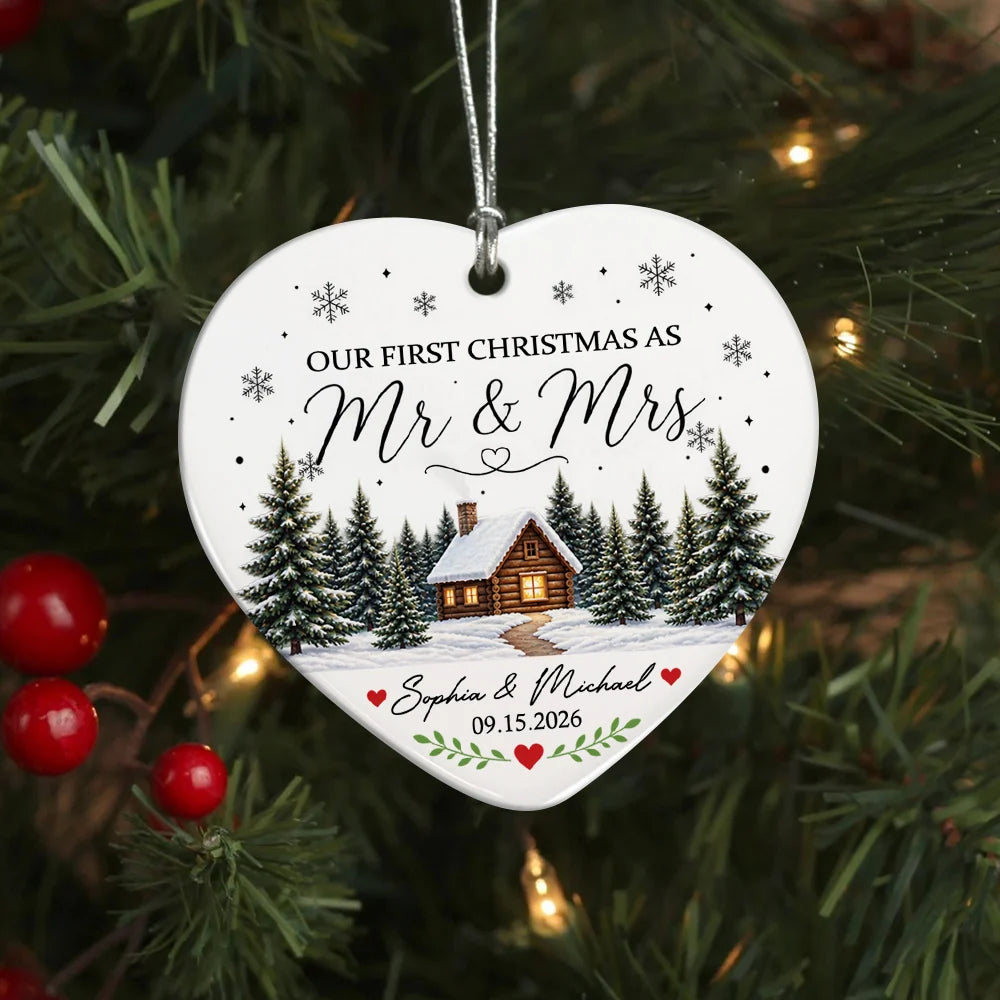 "Our First Christmas As Mr & Mrs" Personalized Ceramic Ornament - Custom Winter Cabin Gift for Couples