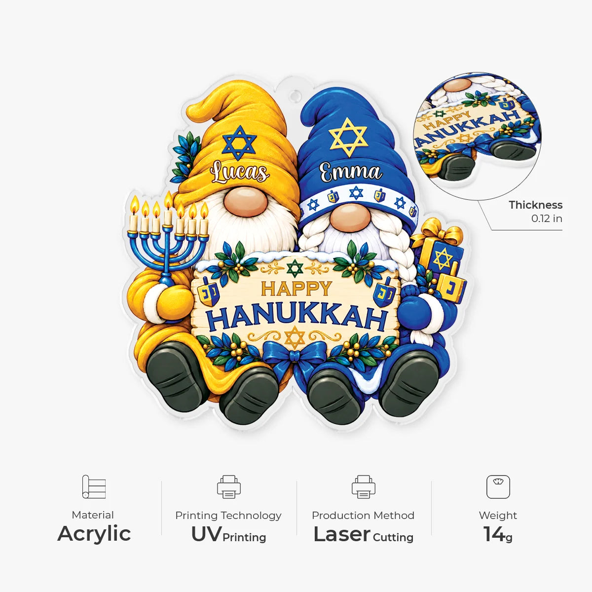 Happy Hanukkah Personalized Gnome Acrylic Ornament - Custom Holiday Keepsake Gift for Couples