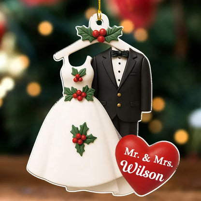 Mr and Mrs Wedding Dress and Tuxedo Personalized Acrylic Ornament - Custom Christmas Keepsake Gift for Newlyweds
