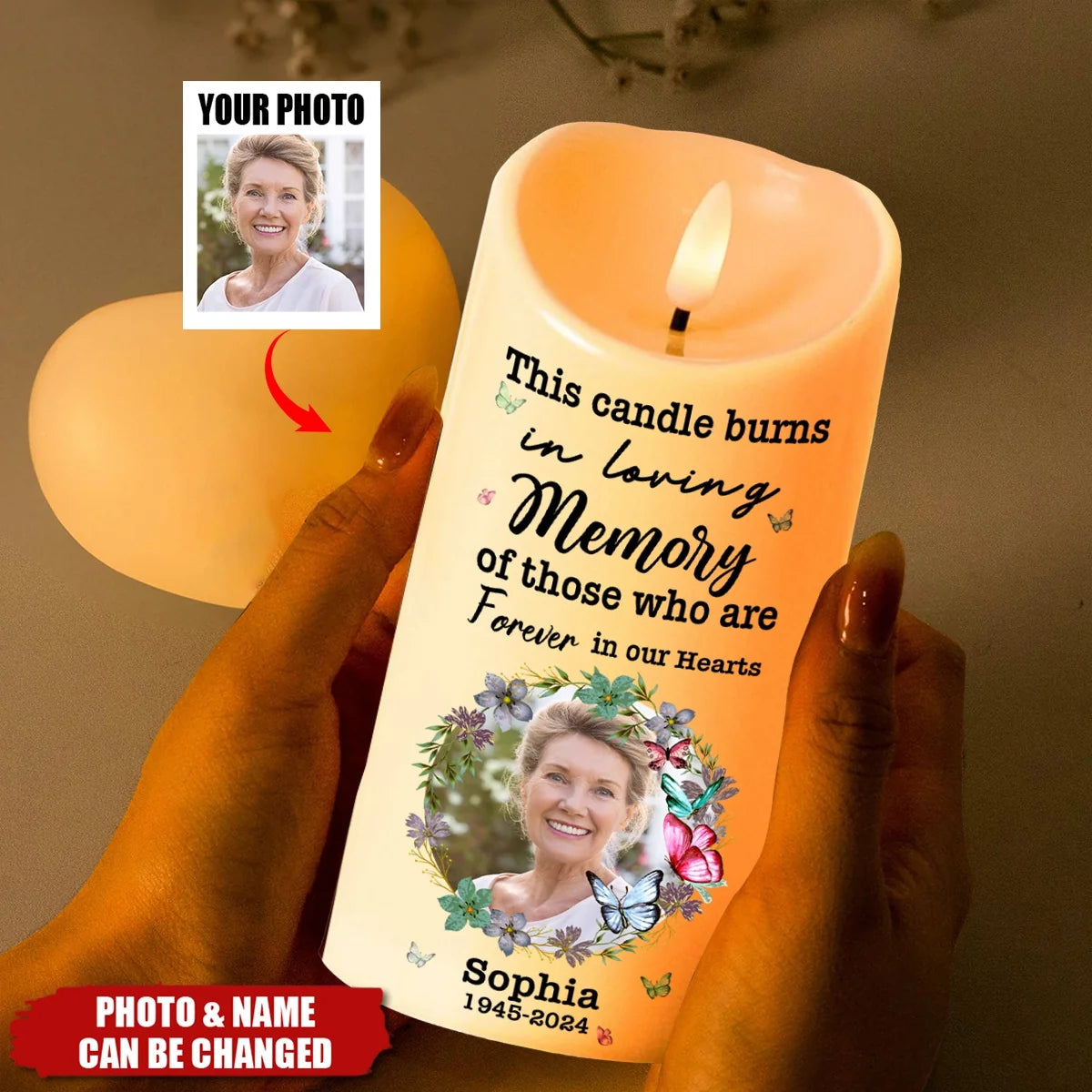"This Candle Burns In Loving Memory" Personalized Photo Memorial LED Candle - Sympathy Keepsake for Family