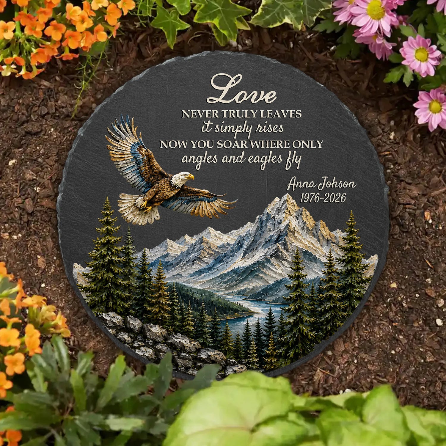 "Love Never Truly Leaves" Personalized Memorial Garden Stone - Custom Eagle Sympathy Gift for Family & Loved Ones