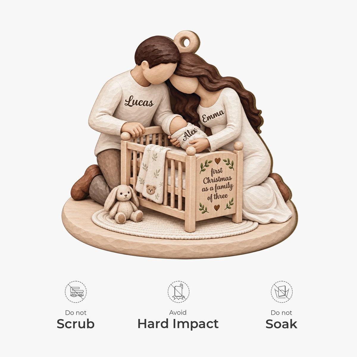 First Christmas as a Family of Three - Personalized Wooden Ornament for New Parents