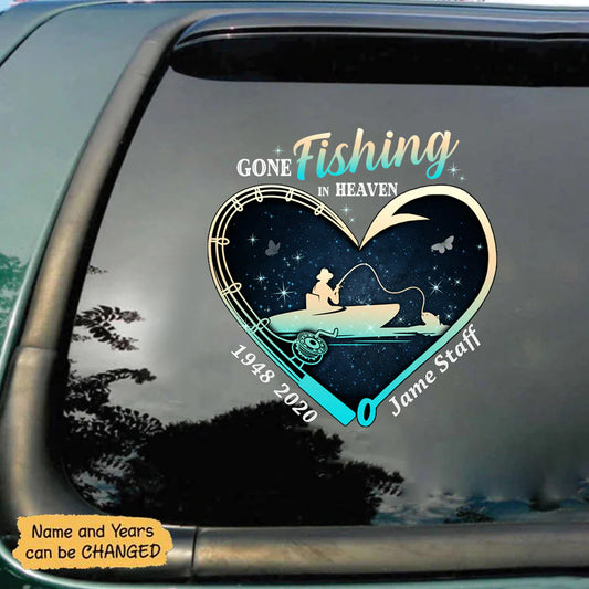 Custom memorial fishing decal for car window featuring Gone Fishing in Heaven design with personalized name