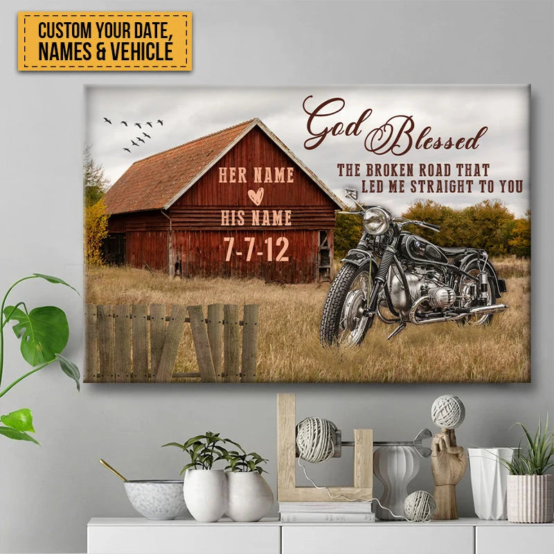 "God Blessed The Broken Road" Personalized Couples Canvas / Poster - Custom Barn & Vintage Vehicle Anniversary Wall Art Gift