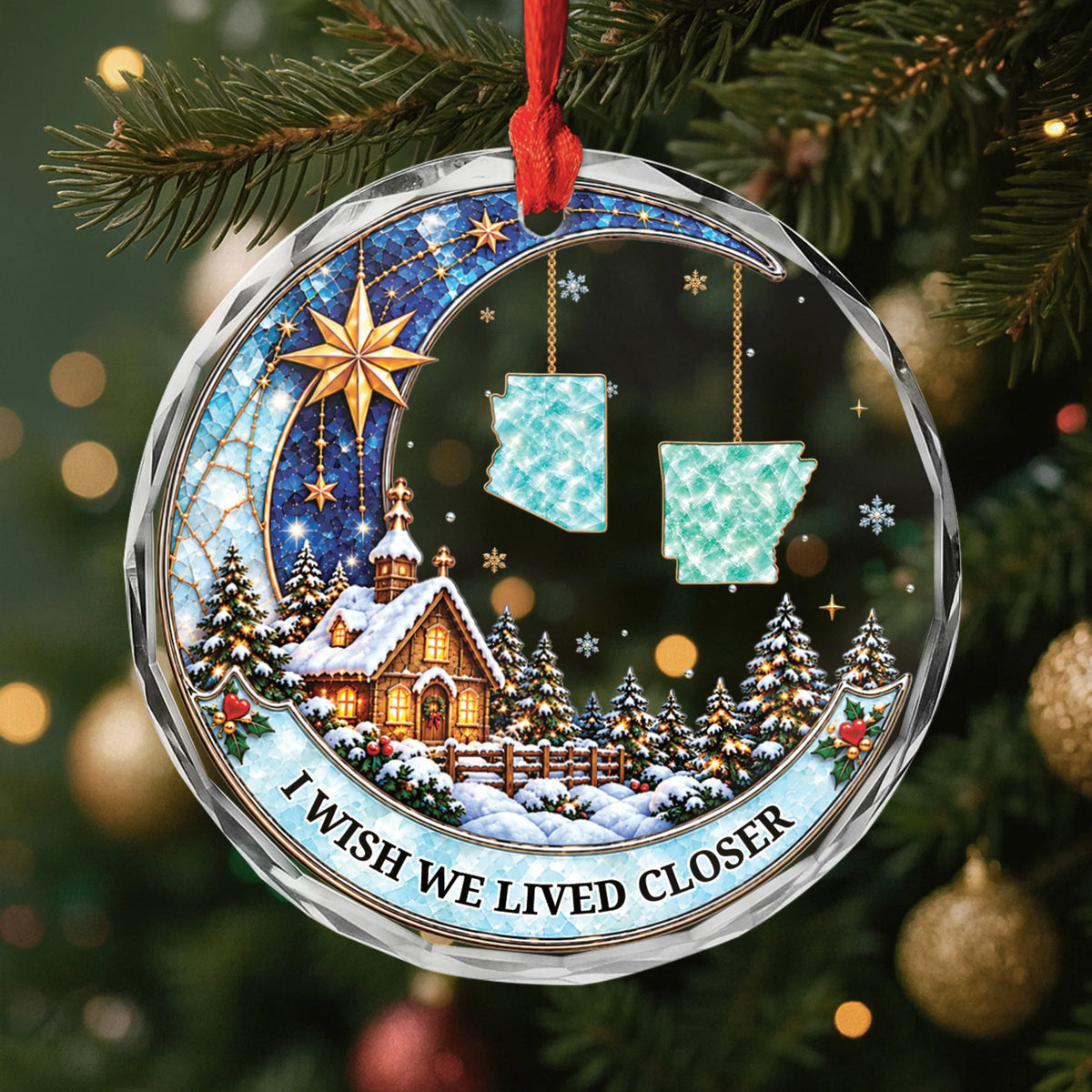 Family Love Knows No Distance Personalized Glass Ornament - Custom Christmas Keepsake Gift