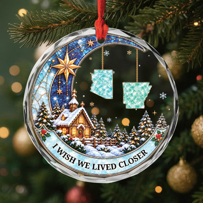 Family Love Knows No Distance Personalized Glass Ornament - Custom Christmas Keepsake Gift
