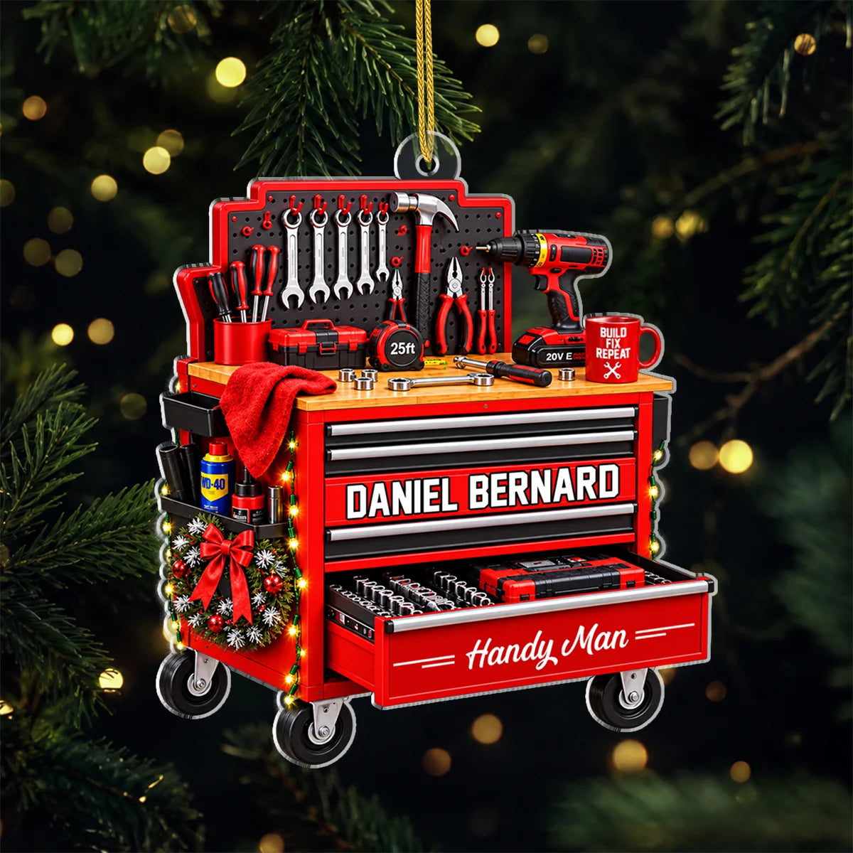HandyMan Garage Tool Box Custom Acrylic Ornament - Personalized Tool Chest Christmas Gift