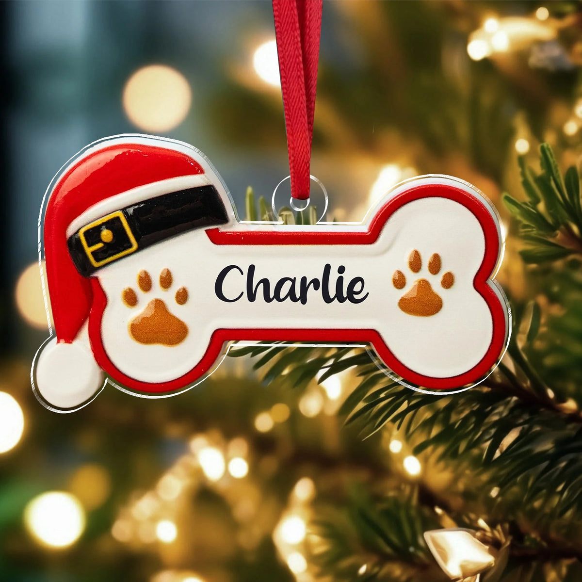 Custom Dog Bone Santa Hat Acrylic Ornament - Personalized Christmas Keepsake for Dog Lovers