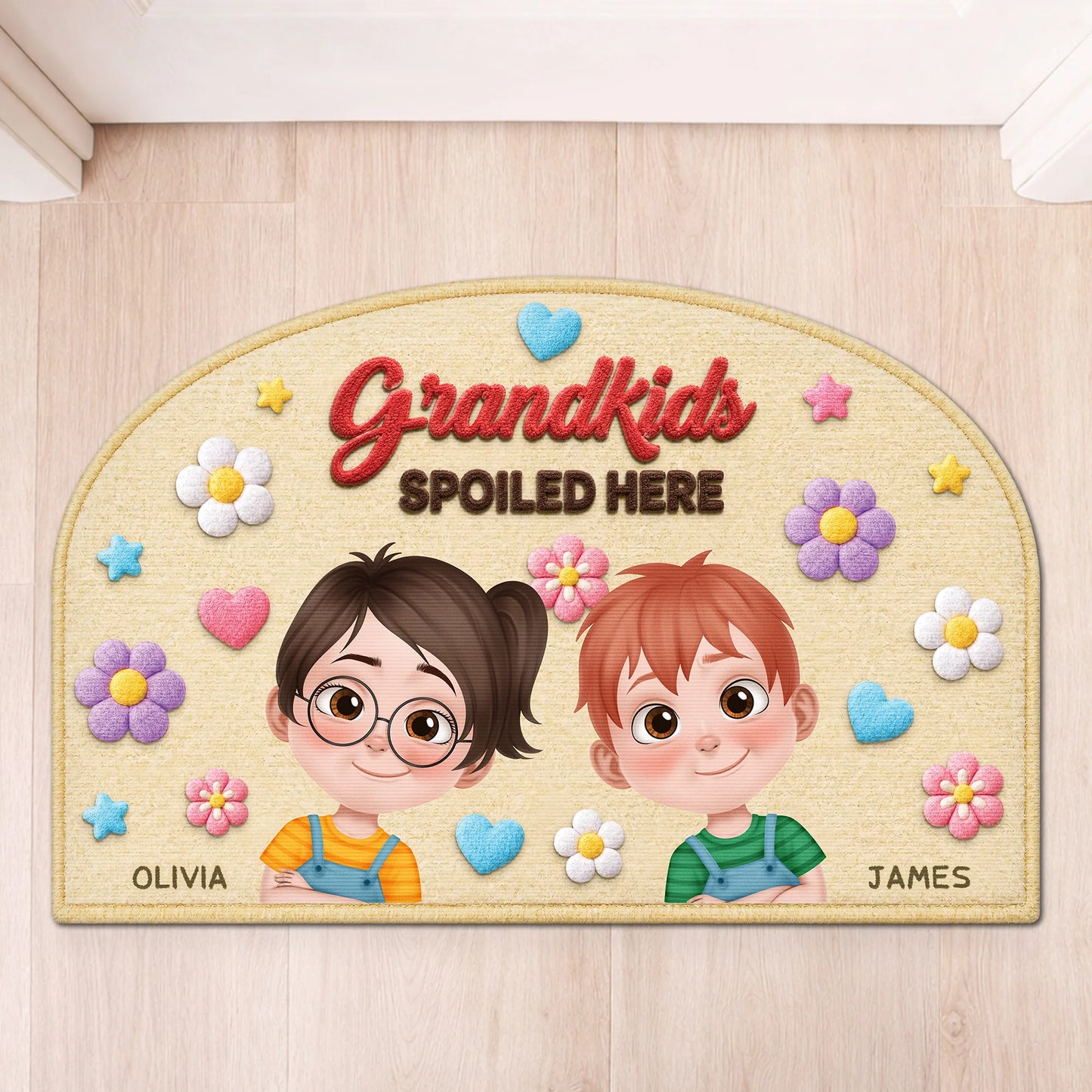 Custom grandkids spoiled here doormat featuring personalized grandkid avatars for grandma and grandpa decor