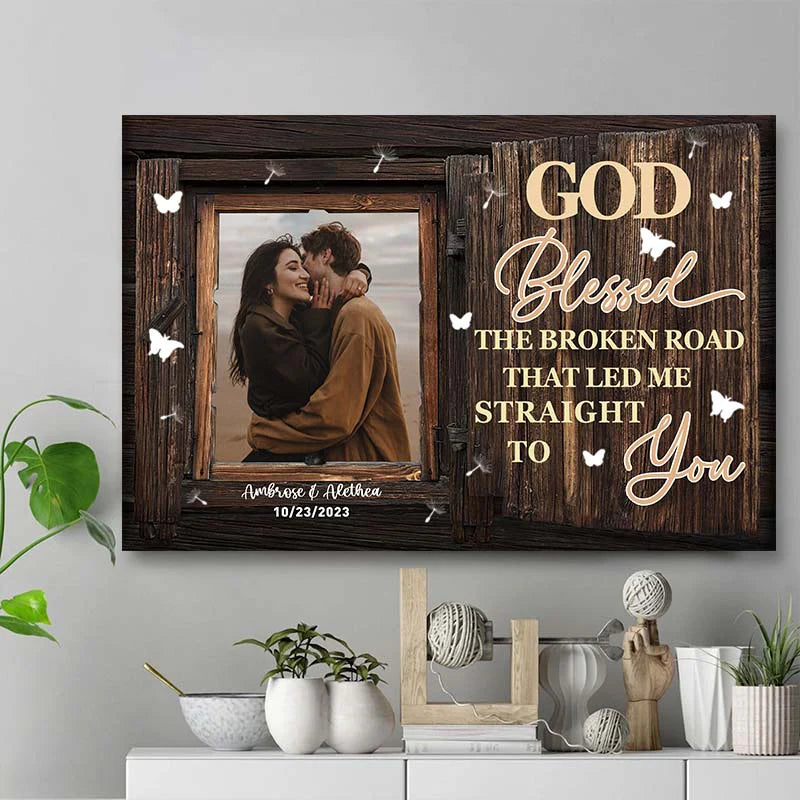 Custom wedding canvas print with couple photo and God Blessed the Broken Road text for anniversary wall art decor image 8