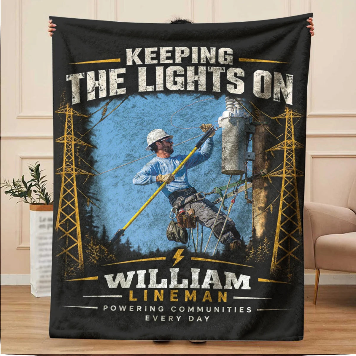Keeping The Lights On Personalized Lineman Blanket - Custom Power Line Worker Photo Fleece Gift