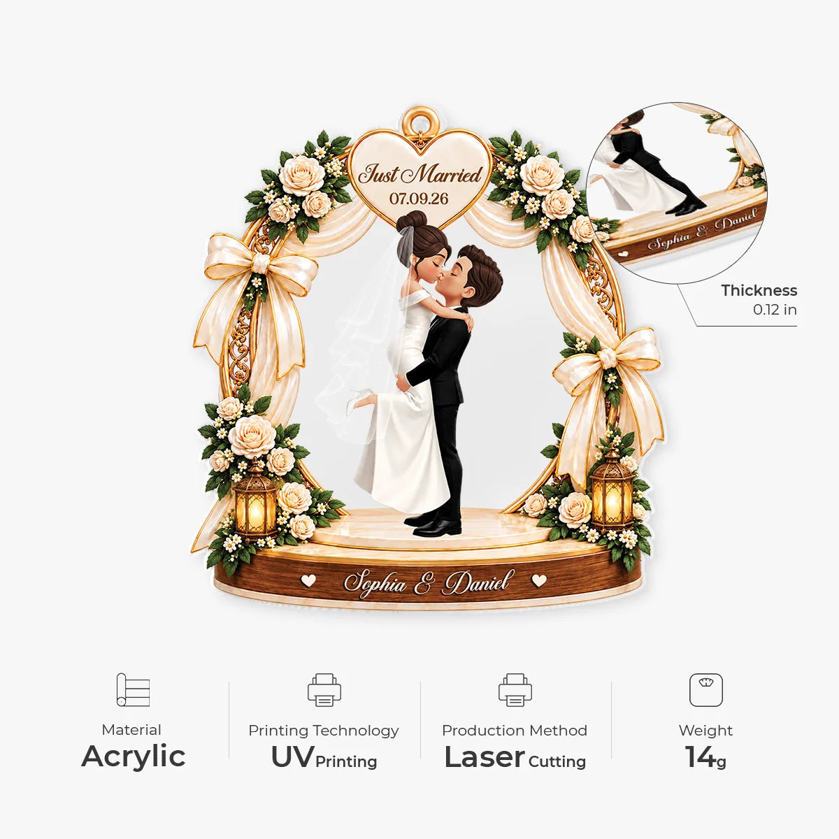 Just Married Personalized Acrylic Ornament - Wedding Keepsake Gift for Bride & Groom