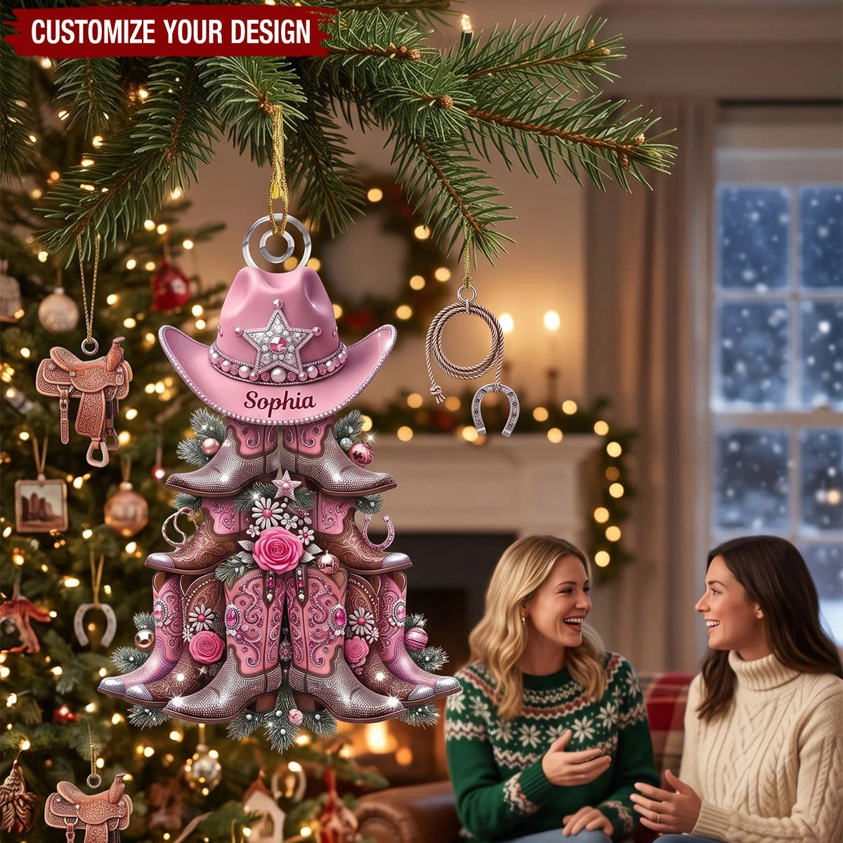 Custom Pink Cowgirl Boots Christmas Tree Acrylic Ornament - Personalized Name Country Western Keepsake Gift