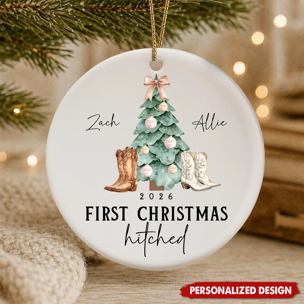 "First Christmas Hitched" Personalized Ceramic Ornament - Custom Western Newlywed Gift for Couples