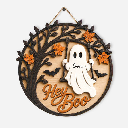 Hey Boo Ghost Swing Custom Halloween Wood Sign - Personalized Halloween Door Sign Decor